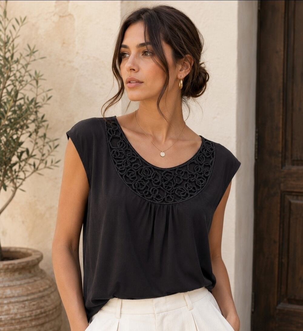 Loeffler Randall Black Silk Charmeuse Black Crochet Lace Trim Blouse Top Sz 8/M